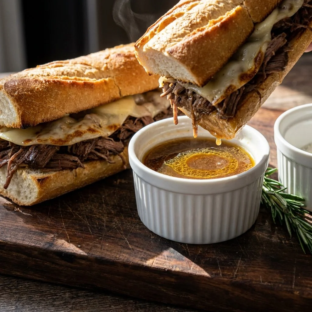 Delicious Crockpot French Dip Sandwiches served with au jus