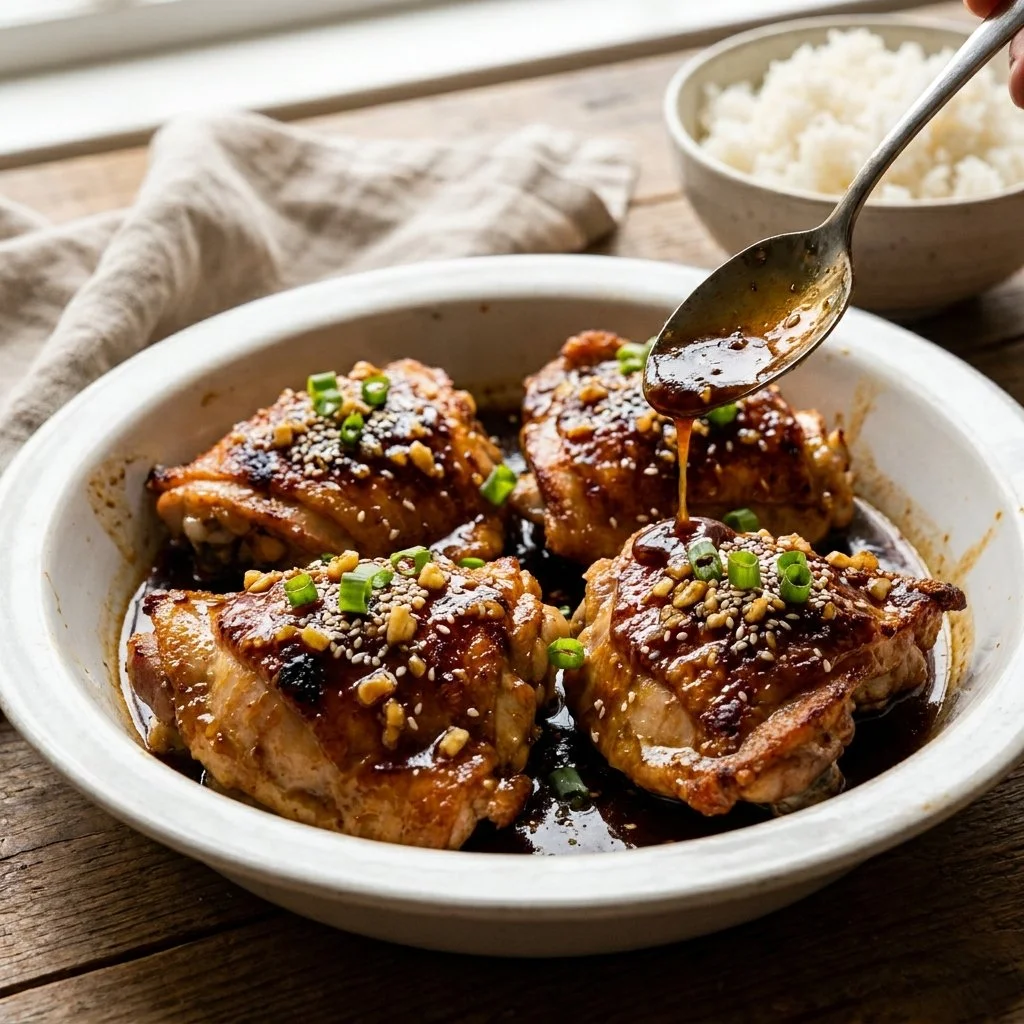 Crockpot honey garlic chicken served with rice and vegetables
