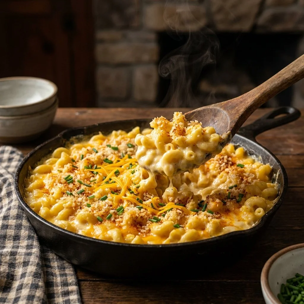 Delicious Crockpot Mac and Cheese bowl garnished with herbs
