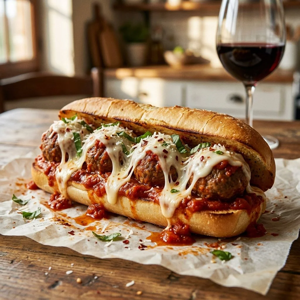 Crockpot meatball subs with melted cheese and marinara sauce on a hoagie roll