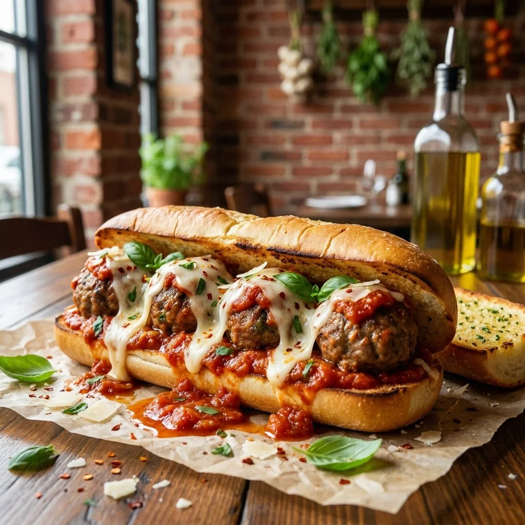 Crockpot meatball subs topped with melted cheese and herbs