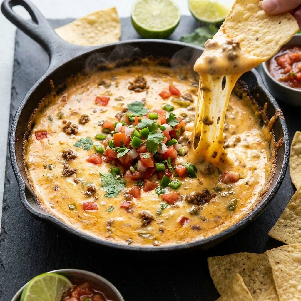 Creamy Crockpot Queso Dip with melted cheese and spices
