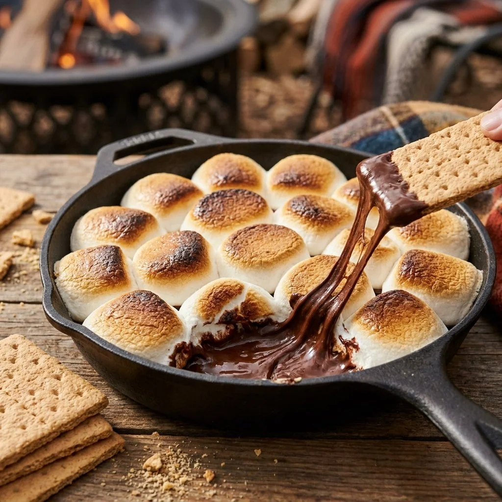 Crockpot S’mores Dip with melted chocolate and marshmallows served with graham crackers