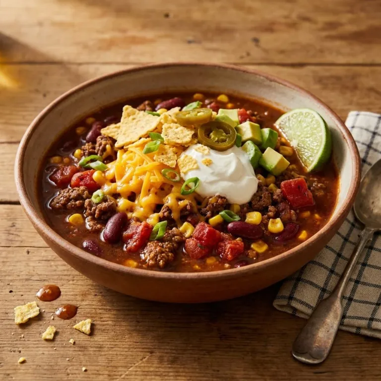 Bowl of hearty Crockpot Taco Soup garnished with avocado and cilantro