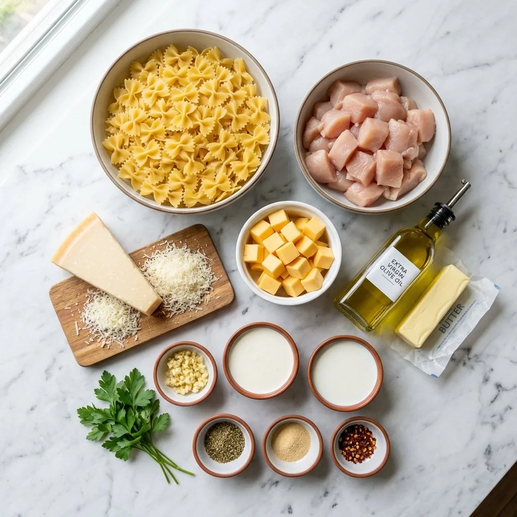 Garlic Butter Chicken Farfalle in Creamy Velveeta Parmesan Sauce 33 Garlic Butter Chicken Farfalle in Creamy Velveeta Parmesan Sauce