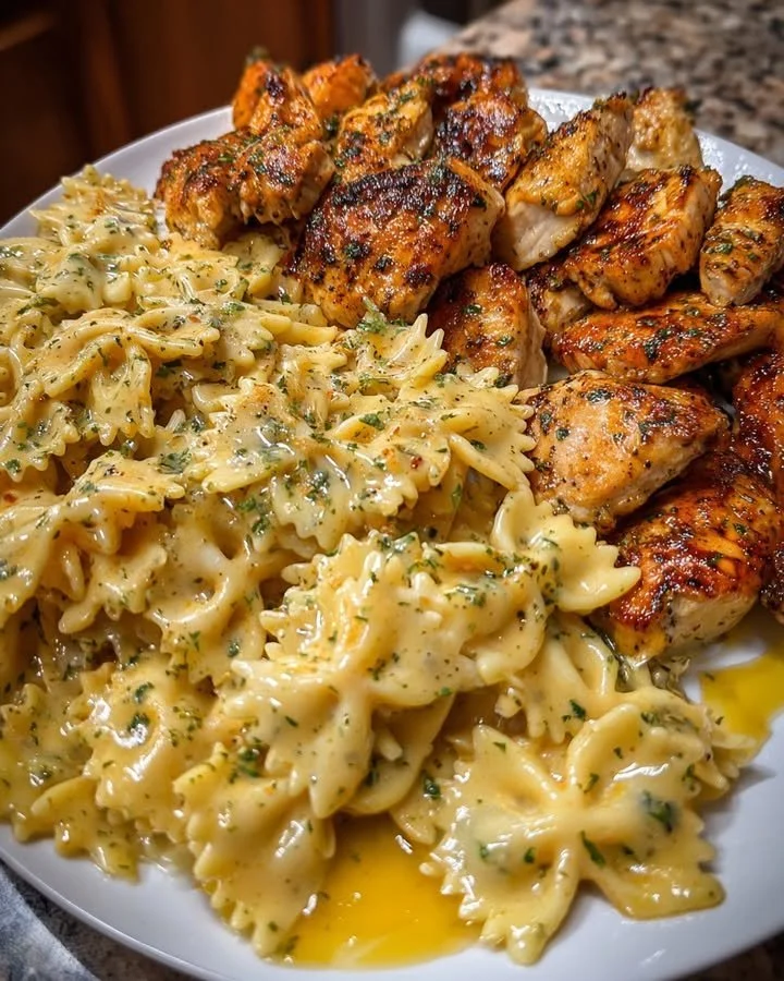 Garlic Butter Chicken Farfalle in Creamy Velveeta Parmesan Sauce
