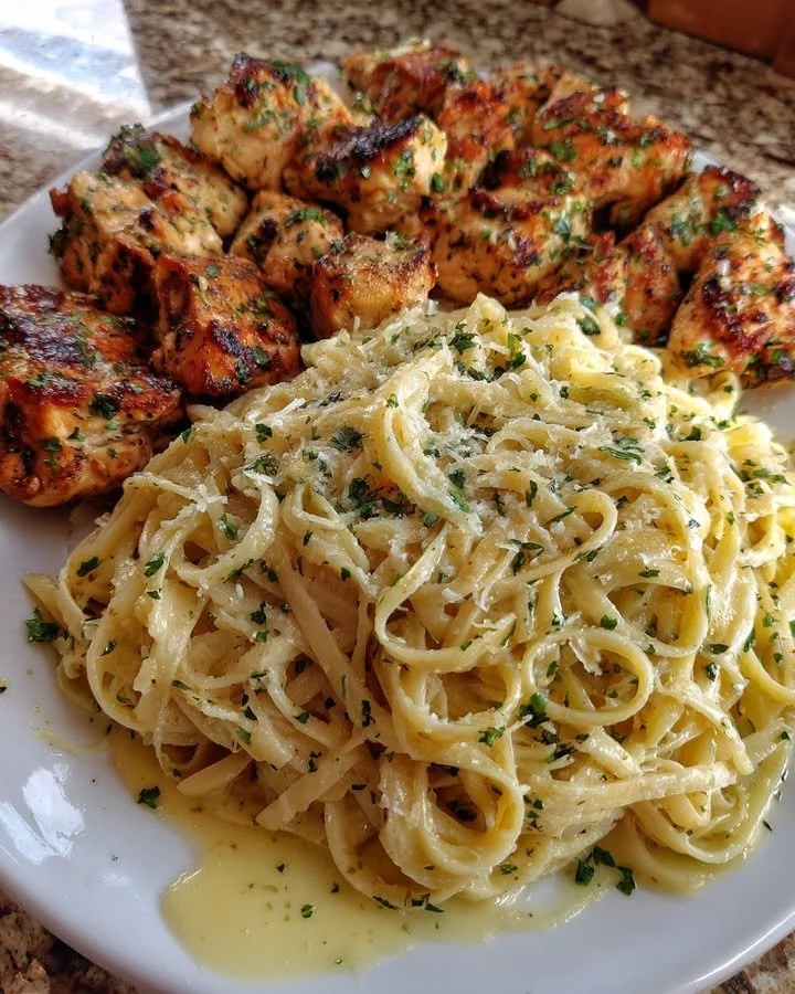 Lemon Garlic Butter Chicken with Creamy Parmesan Linguine
