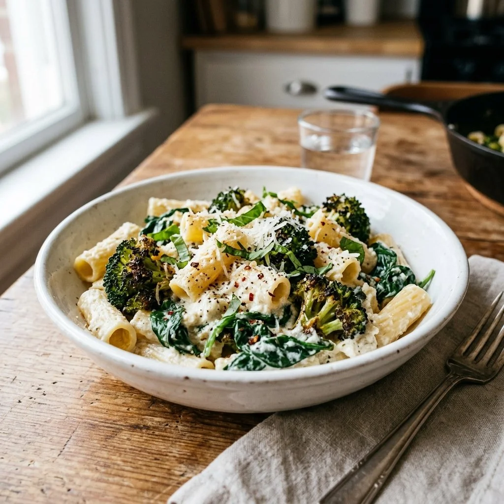 Skillet Ricotta Pasta with Roasted Broccoli and Spinach