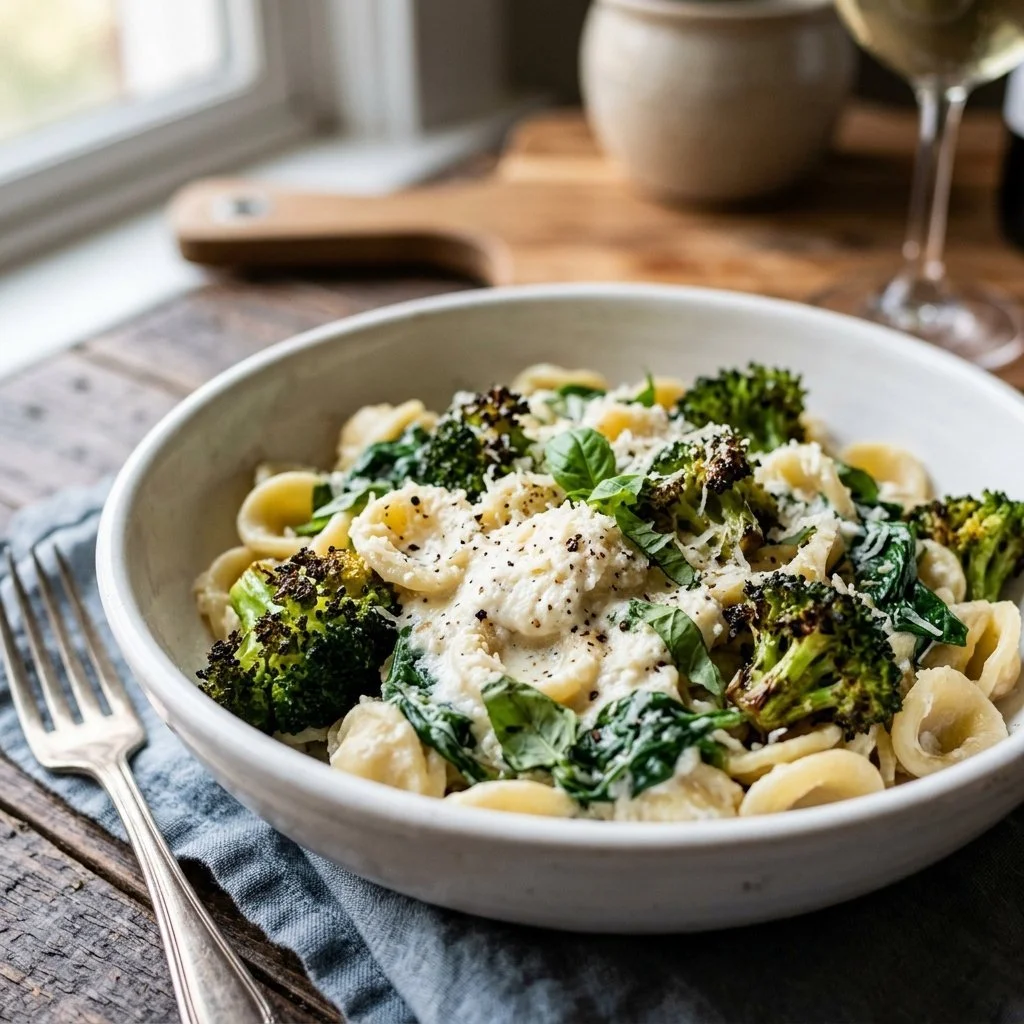 Skillet Ricotta Pasta with Roasted Broccoli and Spinach
