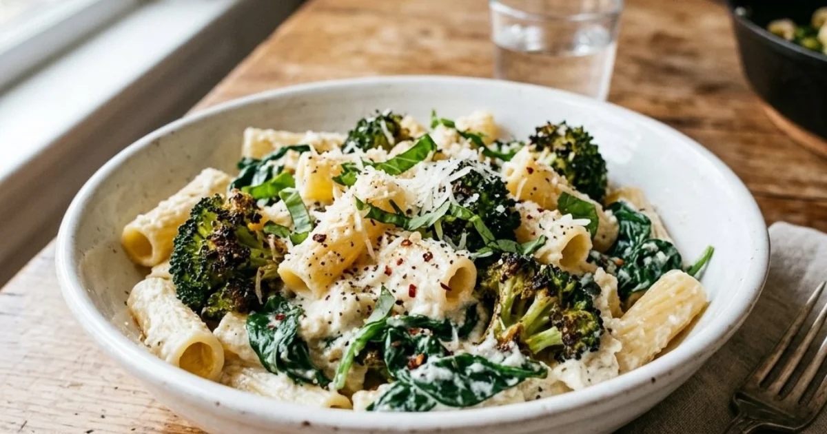 Skillet Ricotta Pasta with Roasted Broccoli and Spinach