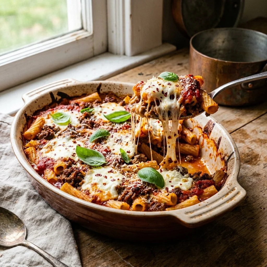 Delicious slow cooker baked ziti with cheese and marinara sauce ready to serve.