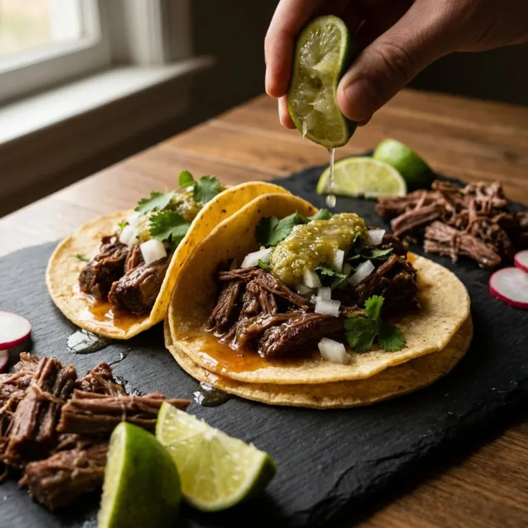 Delicious Slow Cooker Beef Barbacoa served in a taco with toppings