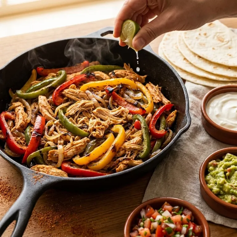 A plate of slow cooker chicken fajitas with colorful peppers and onions.