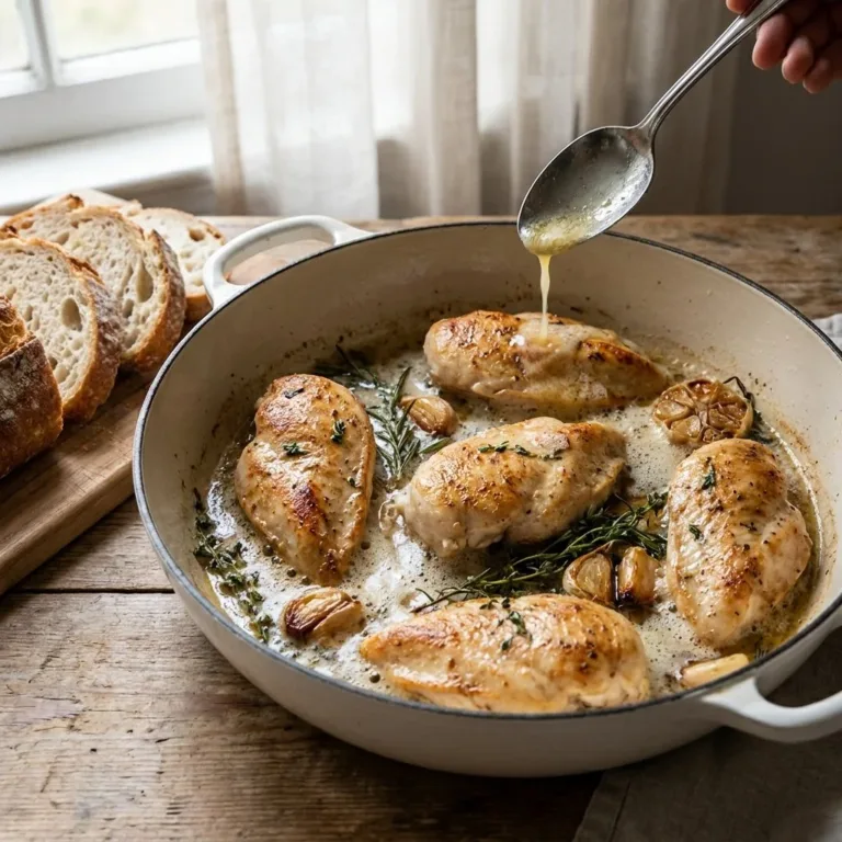Slow Cooker Garlic Butter Chicken served on a plate with herbs.