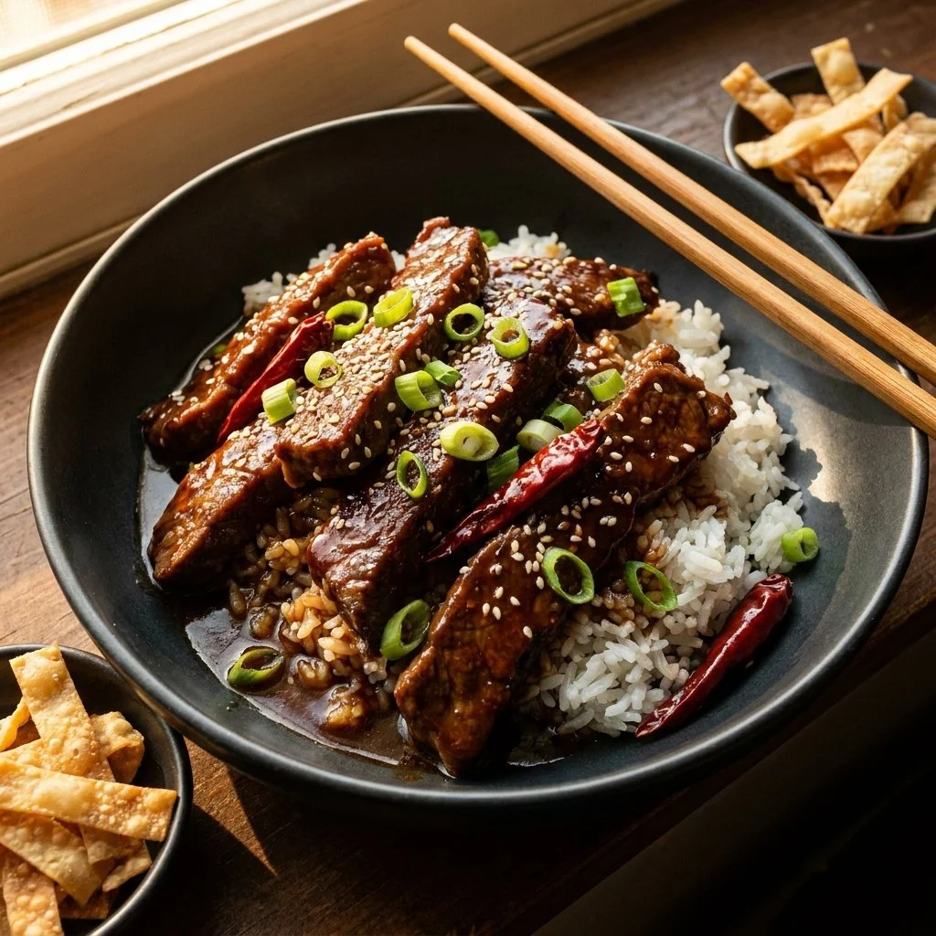 Delicious Slow Cooker Mongolian Beef served with rice and vegetables