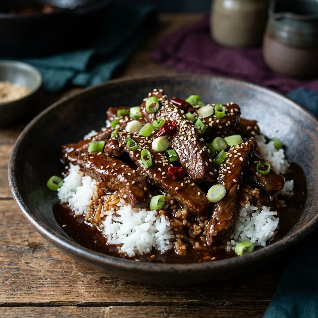 Delicious Slow Cooker Mongolian Beef served with rice and vegetables
