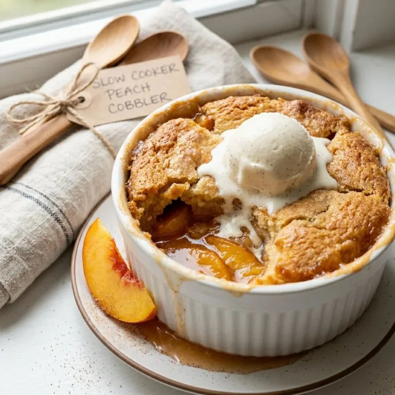 Delicious slow cooker peach cobbler served warm with a scoop of vanilla ice cream.