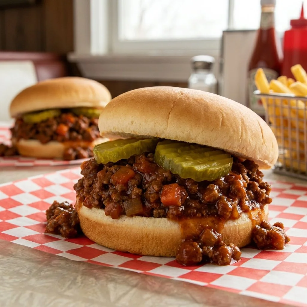 Slow Cooker Sloppy Joes served on a bun with a side of pickles