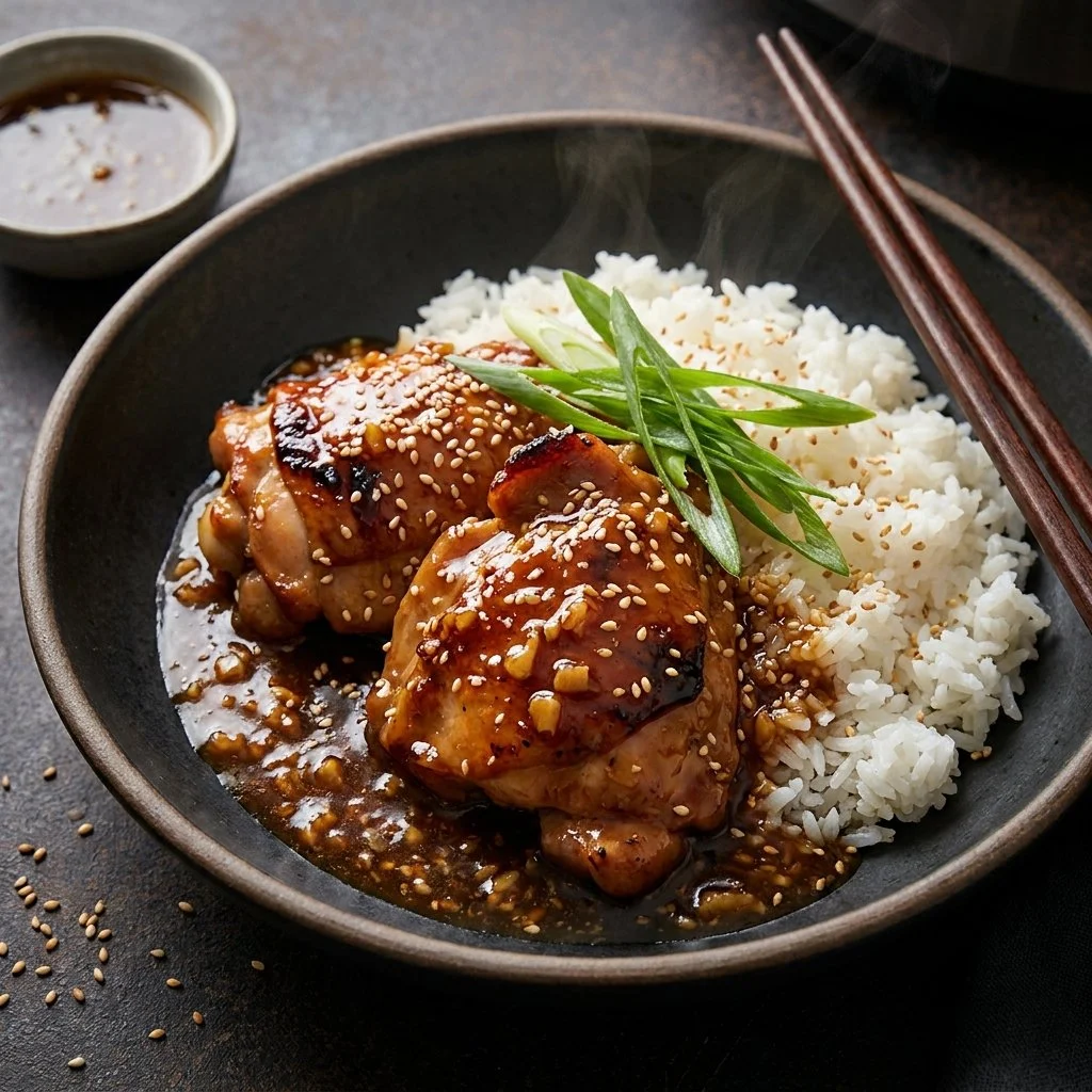 Slow Cooker Teriyaki Chicken in a bowl with rice and vegetables