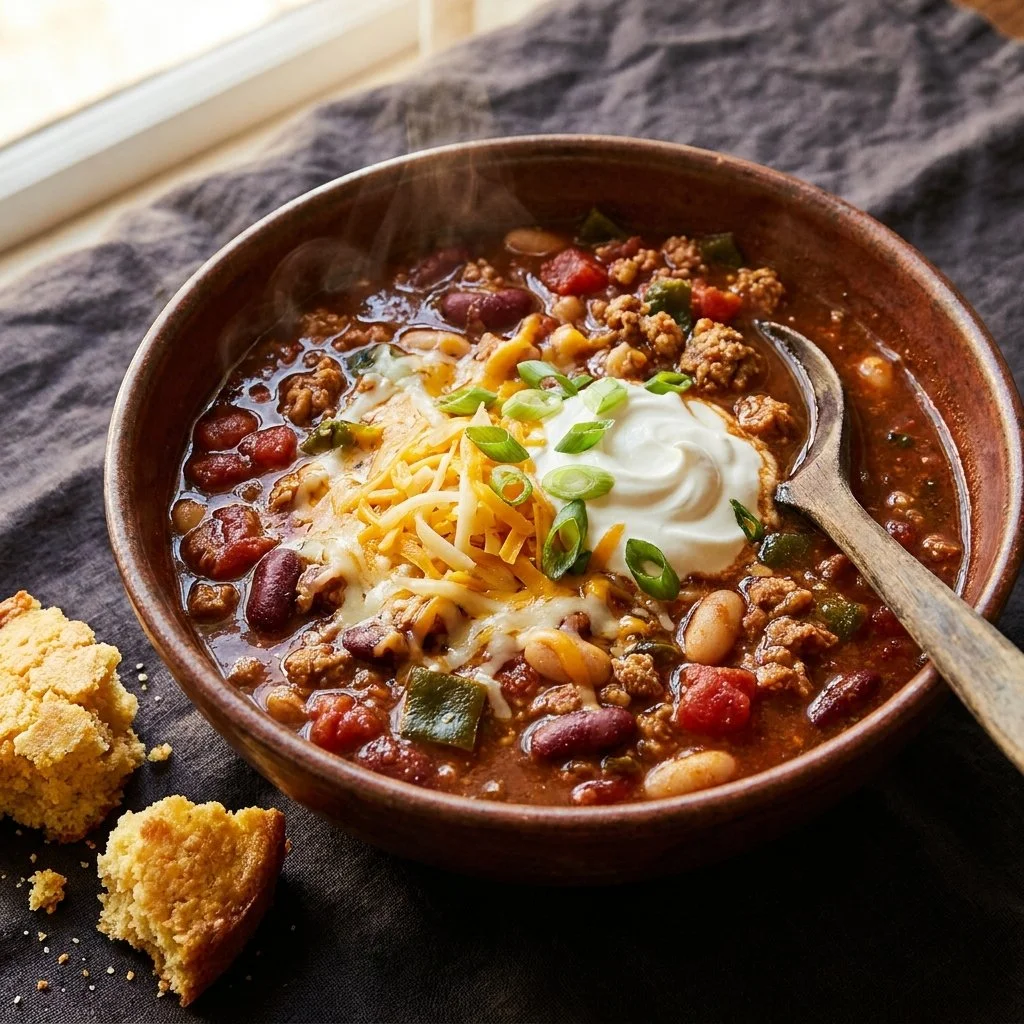 Delicious slow cooker turkey chili served in a bowl with toppings