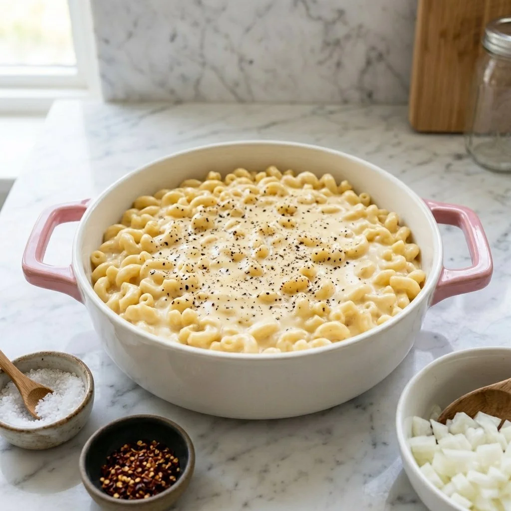 Delicious blended cottage cheese mac-and-cheese served in a cozy bowl
