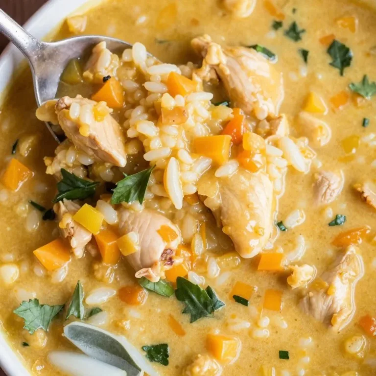 Bowl of creamy turkey wild rice soup garnished with herbs and served with bread