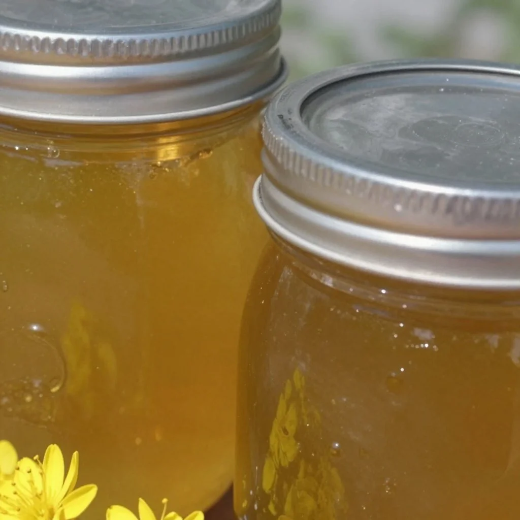 Jars of delicious homemade dandelion flower jelly on a wooden table