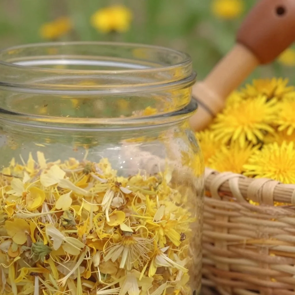 A jar of dandelion flower jelly showcasing its rustic charm and vibrant color.
