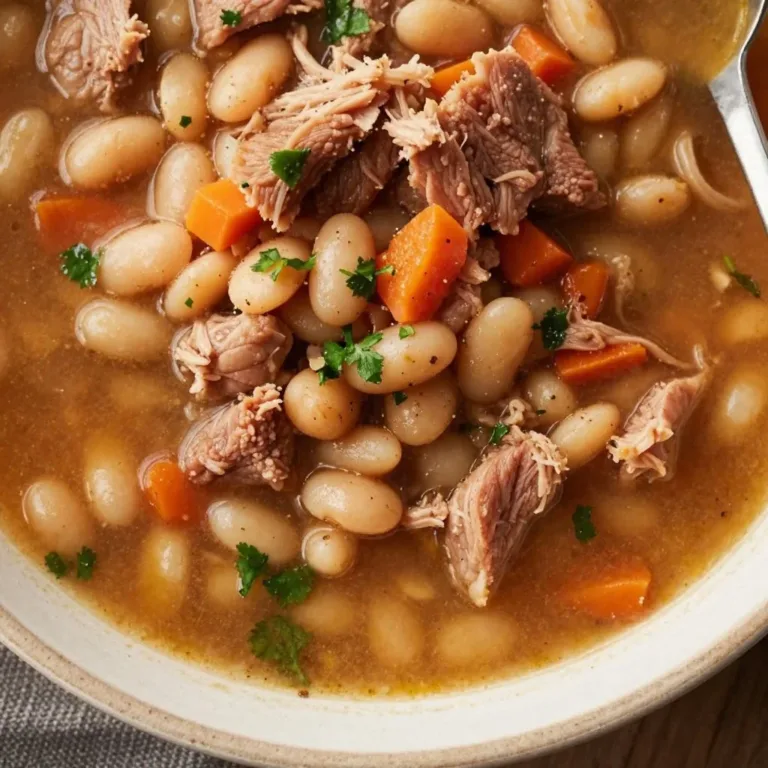 A bowl of cozy ham and bean soup garnished with fresh herbs
