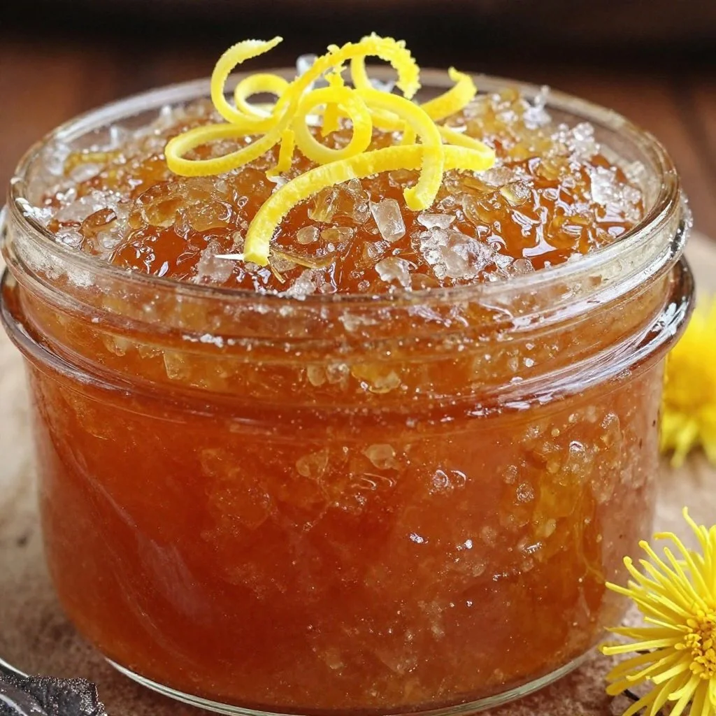 Jar of homemade dandelion jelly with flowers