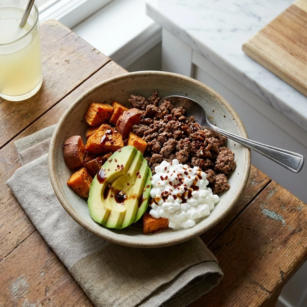 Hot honey ground beef bowls topped with fresh ingredients