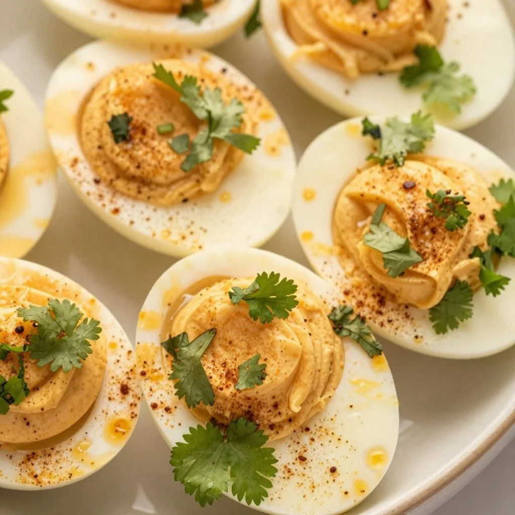 Mexican deviled eggs topped with spices and garnishes