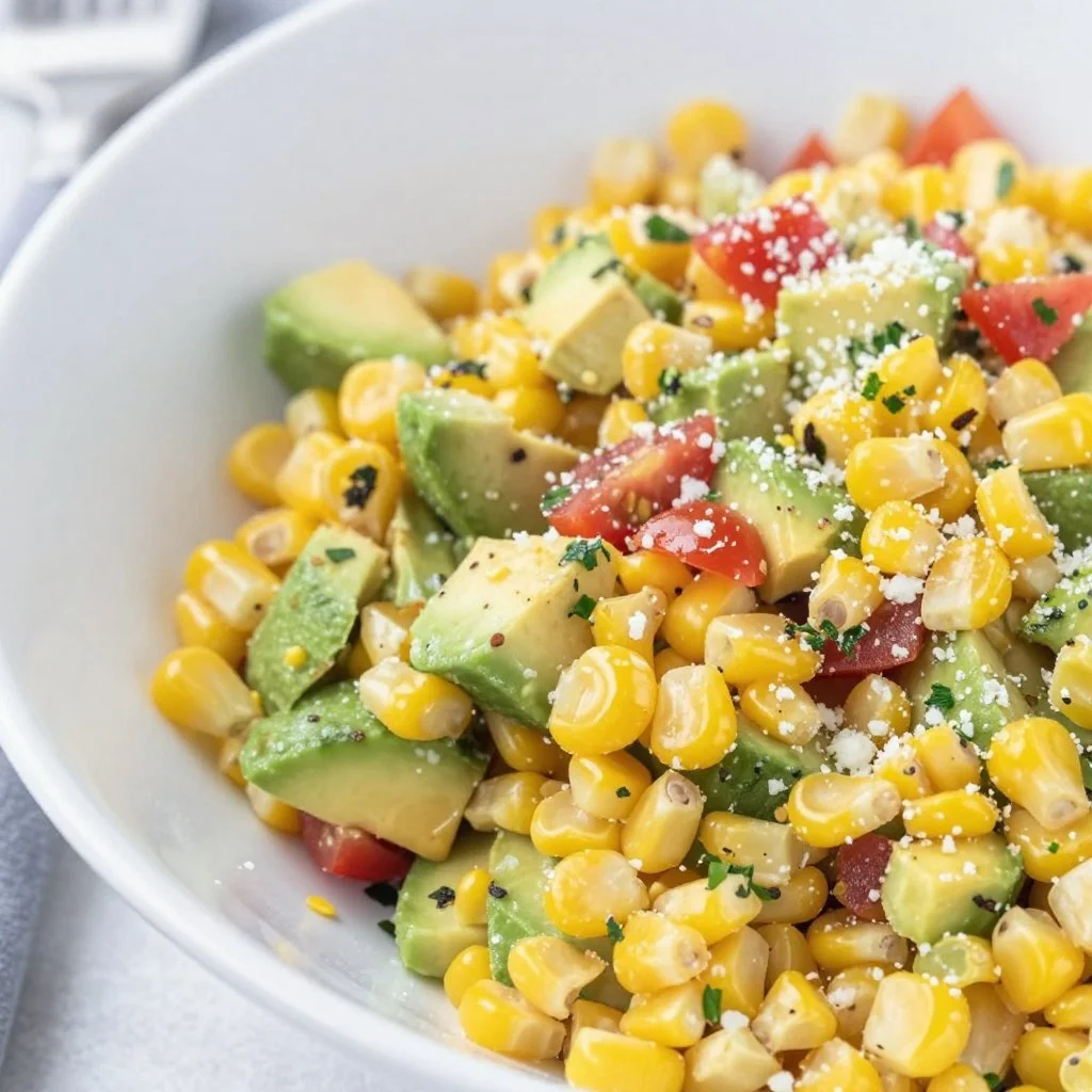 Delicious Mexican Street Corn Salad in a bowl, topped with cheese and herbs.