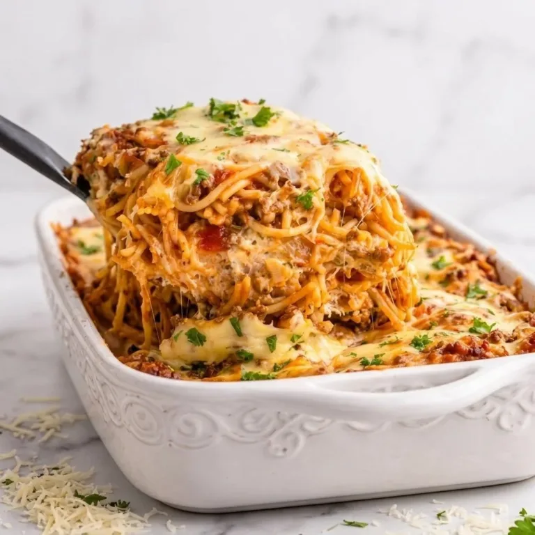 Cozy Crockpot Recipes 14 Million Dollar Ground Beef Casserole served in a baking dish with cheese on top