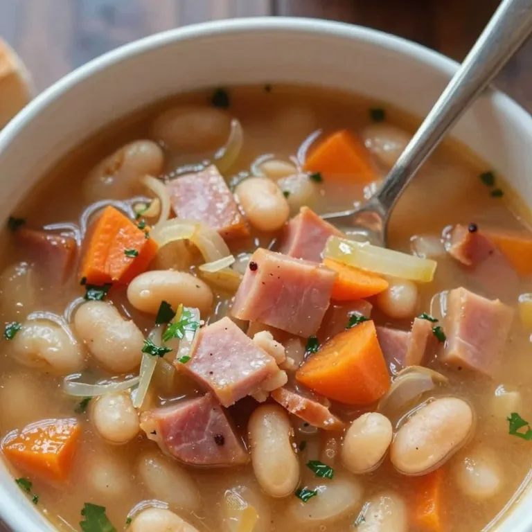 A bowl of old-fashioned ham and bean soup with vegetables and herbs.