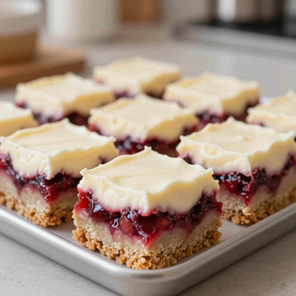 Delicious rhubarb bars topped with cream cheese frosting