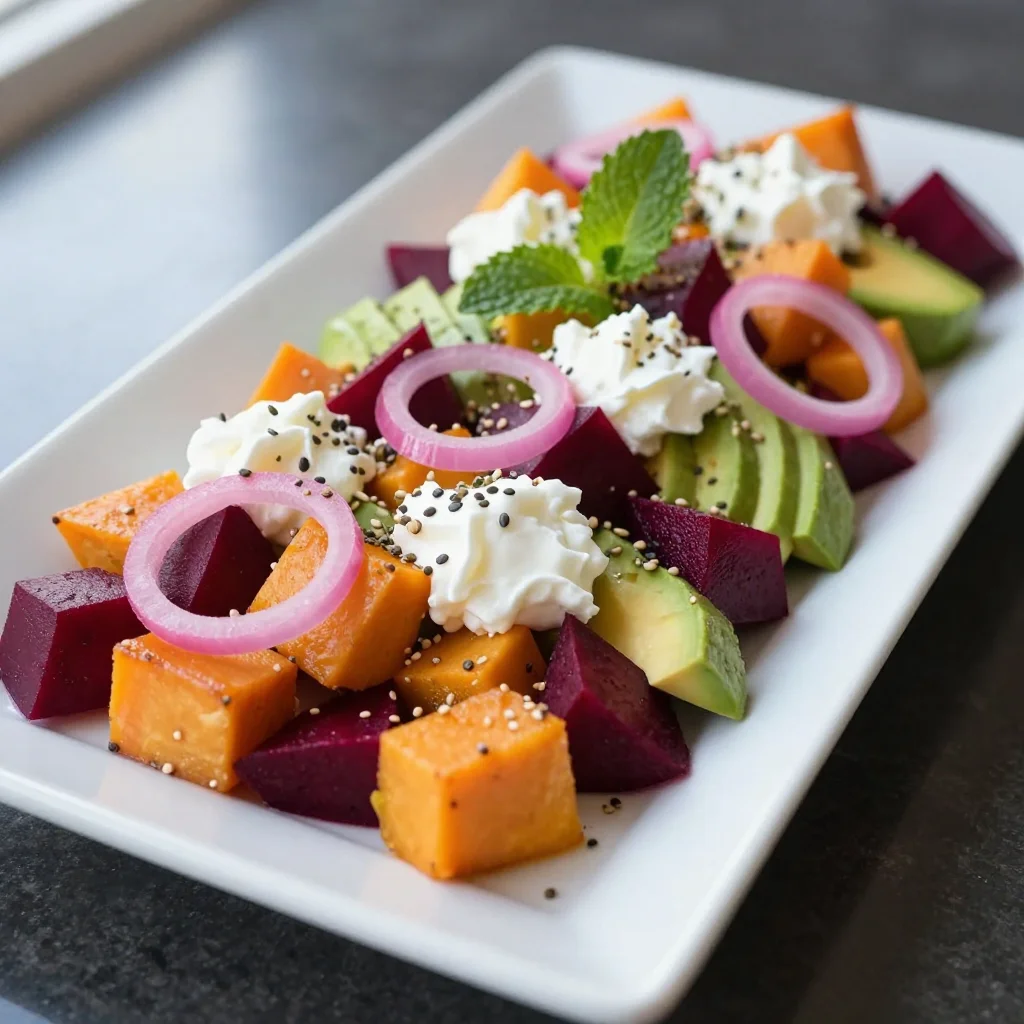 Roasted Beet, Sweet Potato & Avocado Salad with Whipped Ricotta & Lemon-Tahini Drizzle