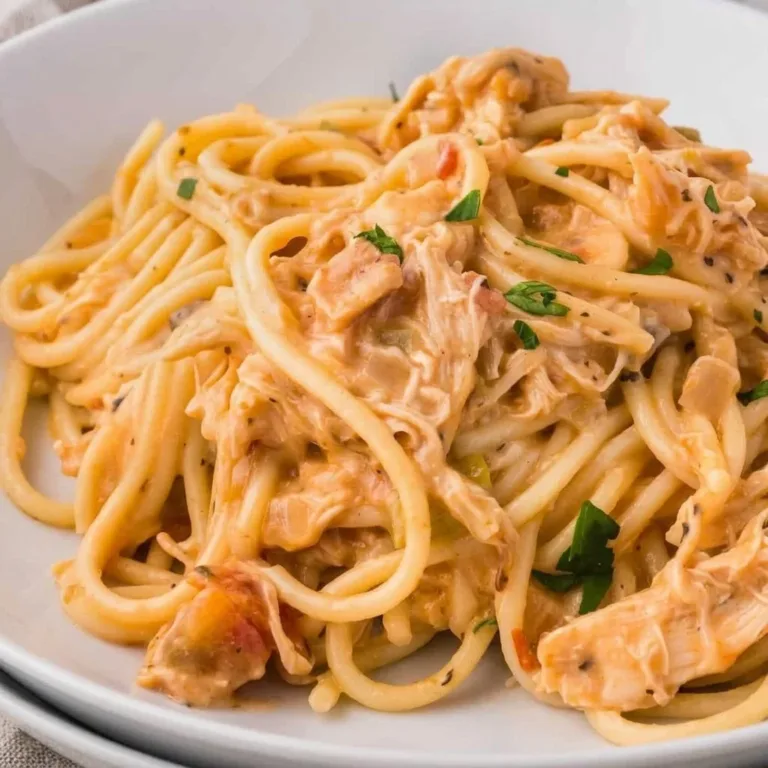 Delicious plate of slow cooker chicken spaghetti garnished with parsley.