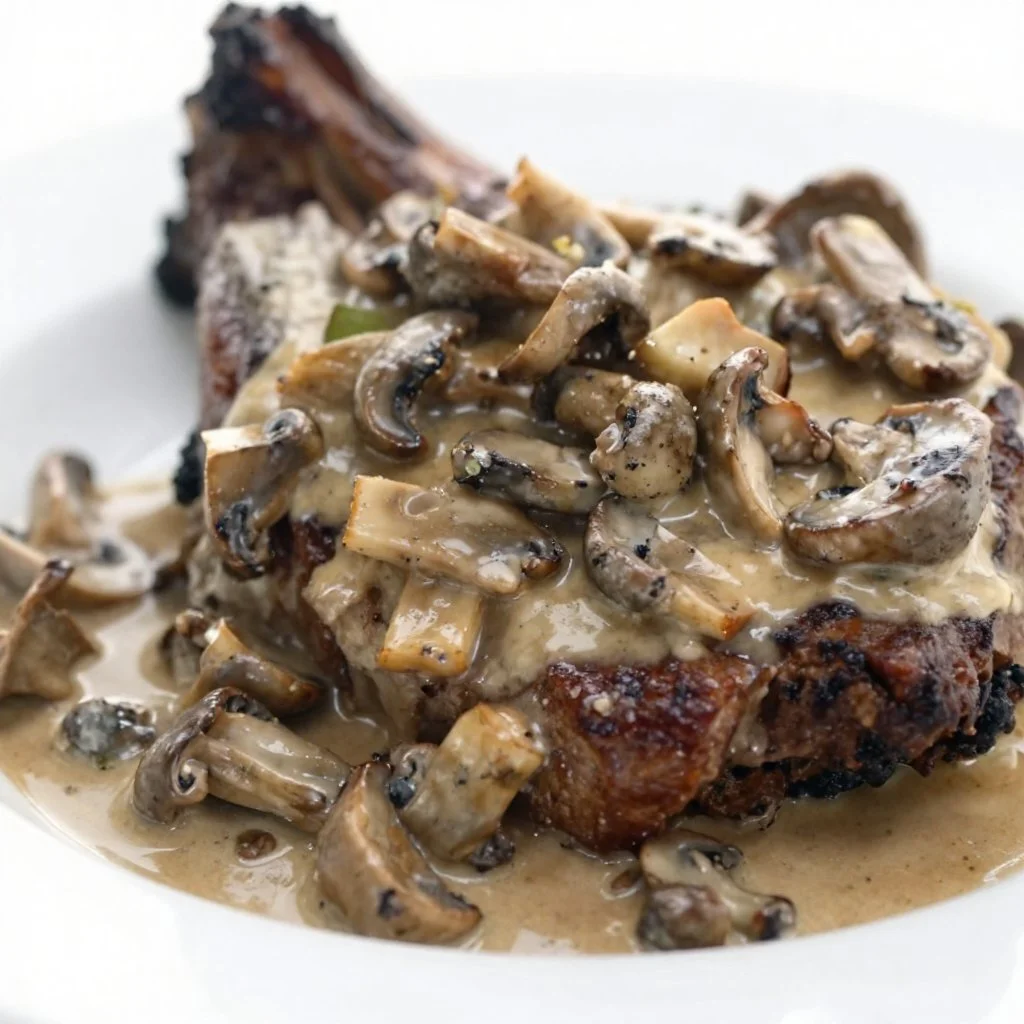 Juicy steak topped with creamy whiskey mushroom sauce on a plate.