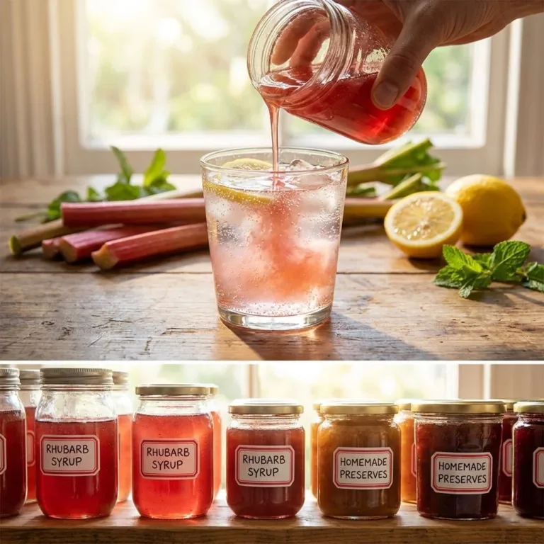 Canning rhubarb syrup in jars with fresh rhubarb and sugar