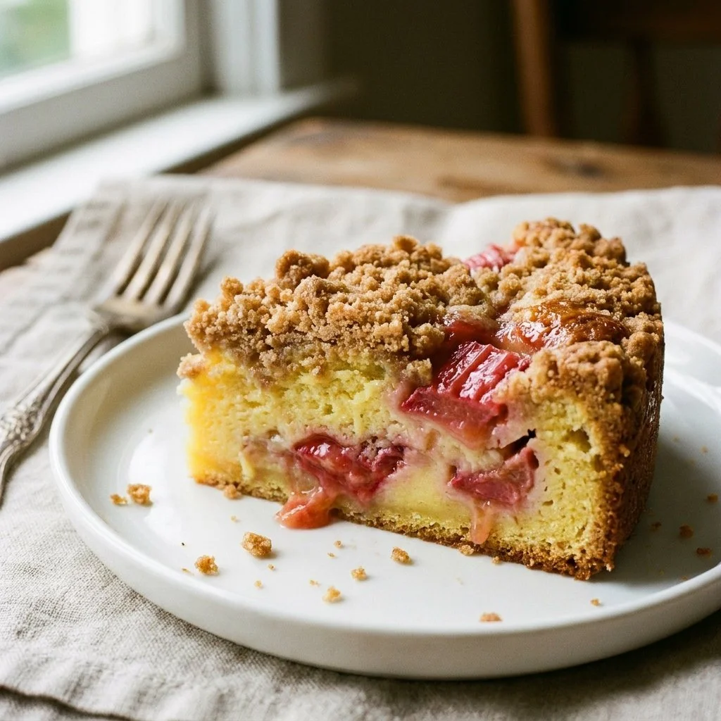 Slice of creamy Rhubarb Custard Cake Dolce with fresh rhubarb and custard filling