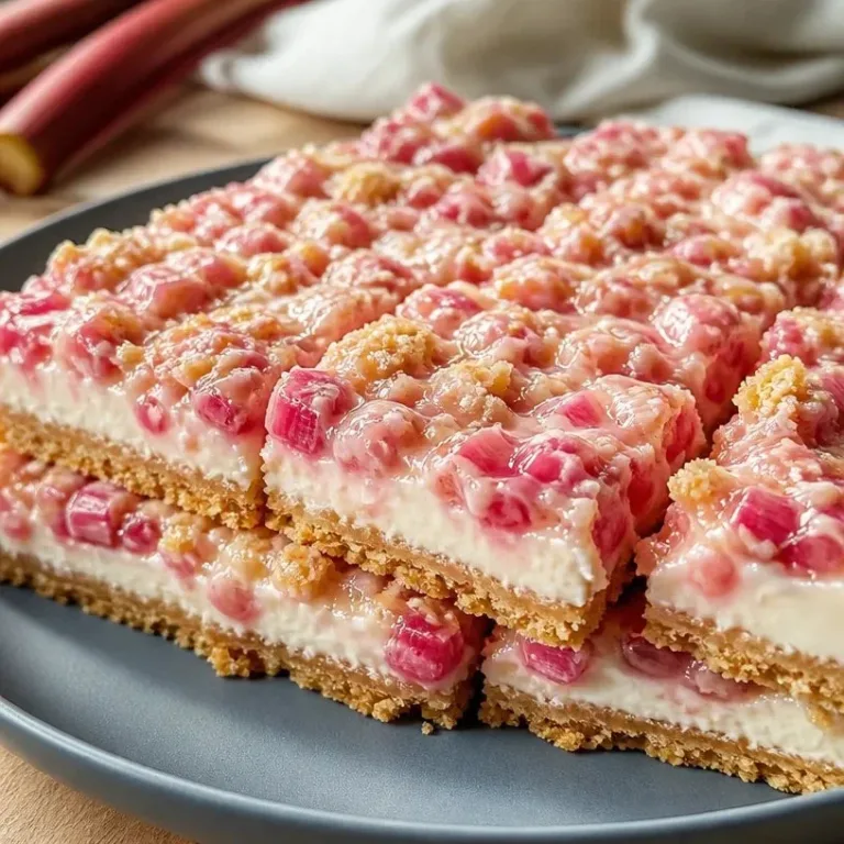 Delicious no bake rhubarb bars on a white plate, perfect summer dessert.