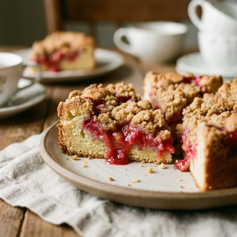 Easy creamy rhubarb dump cake topped with almond streusel