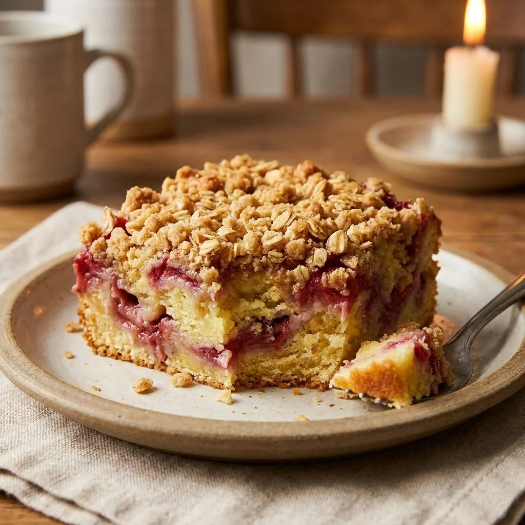 Easy Creamy Rhubarb Dump Cake with Almond Streusel Topping