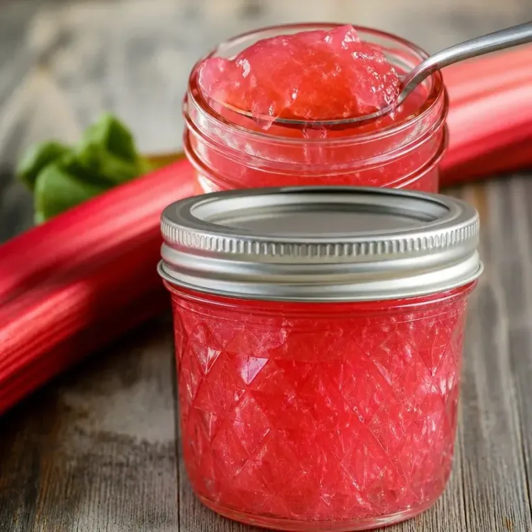 Homemade rhubarb jelly jar on a wooden table with fresh rhubarb stalks