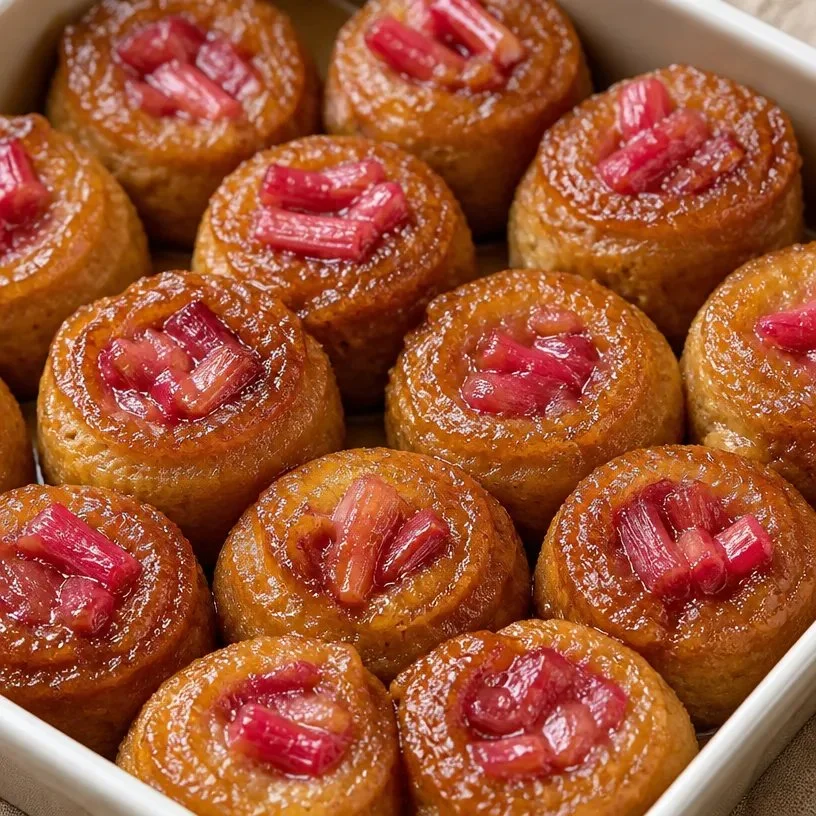 Delicious upside down rhubarb muffins fresh out of the oven