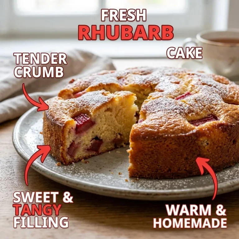 Delicious Norwegian rhubarb cake with a tender crust and fresh rhubarb topping.