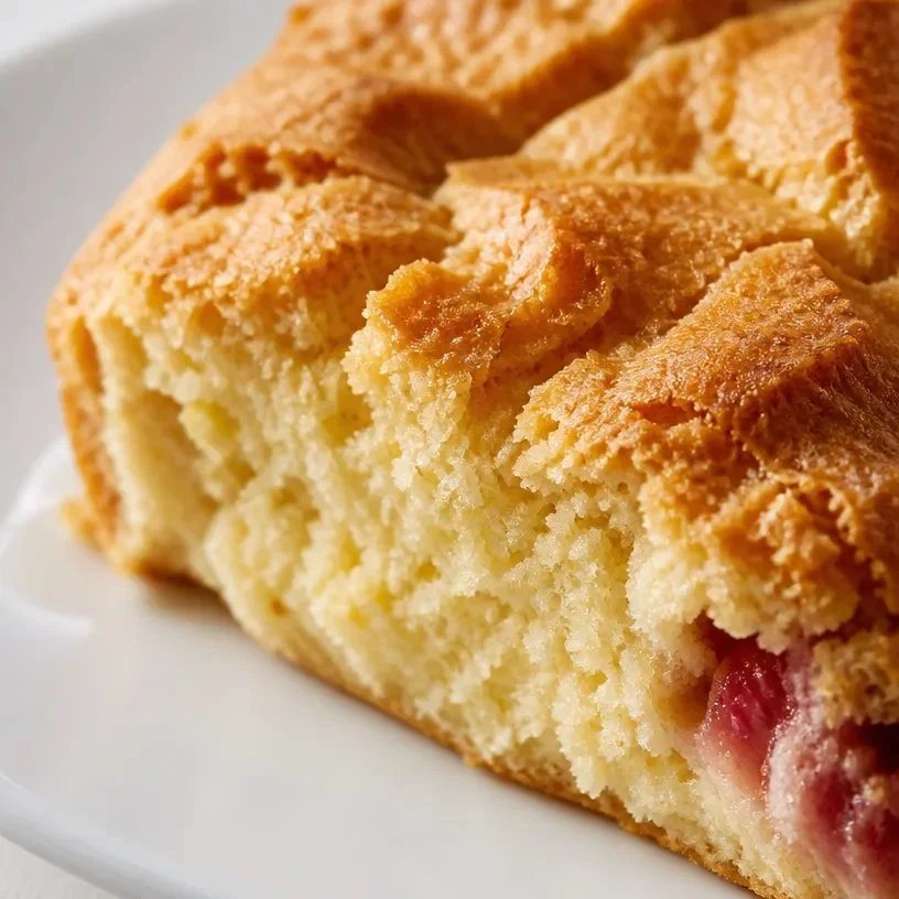 Slice of Old Fashioned Rhubarb Pudding Cake served on a plate