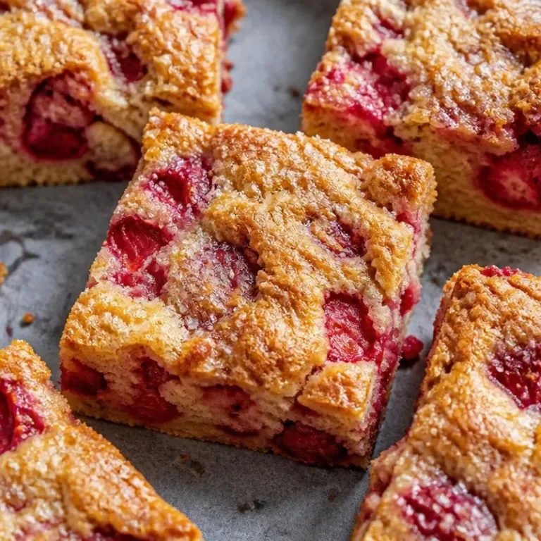 Slice of homemade rhubarb breakfast cake topped with powdered sugar.