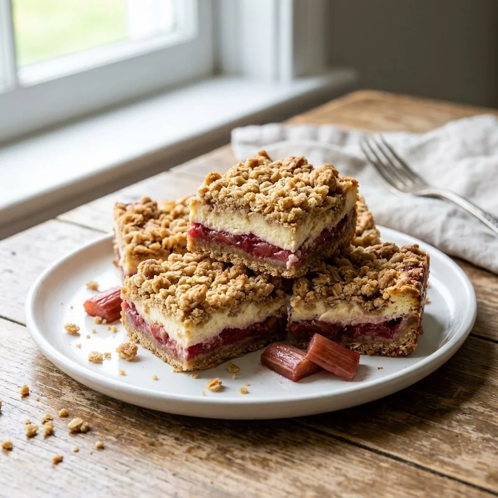 Delicious Rhubarb Cheesecake Bars Dolce Vita with a creamy topping and rhubarb.
